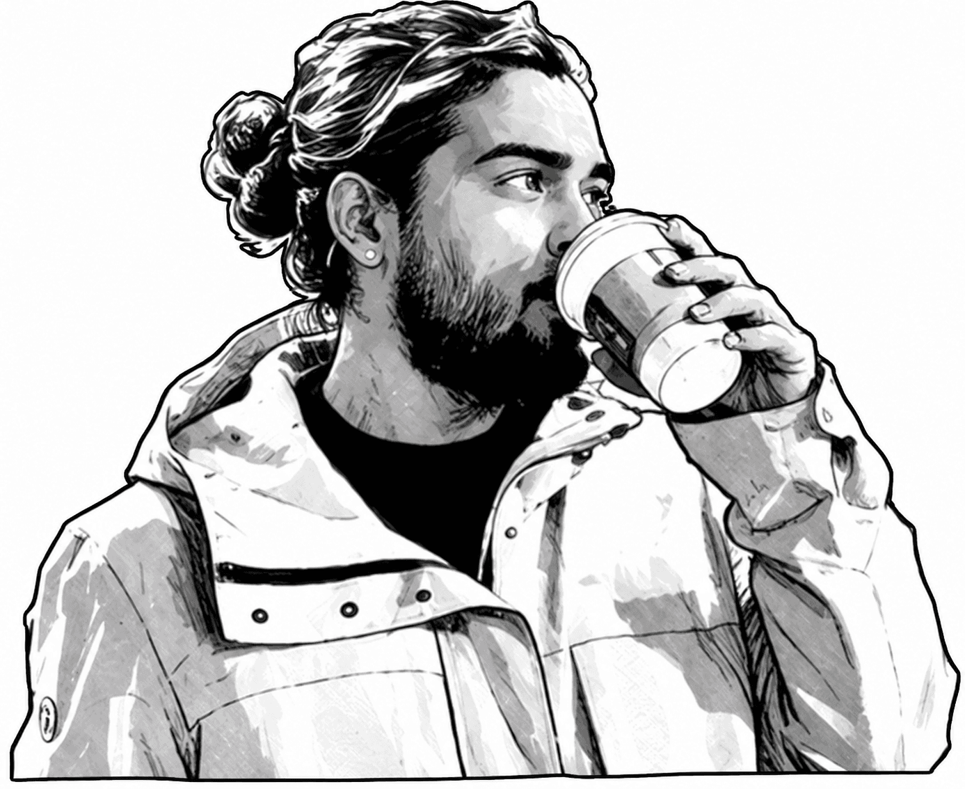 Ink illustration of Amitabh drinking coffee